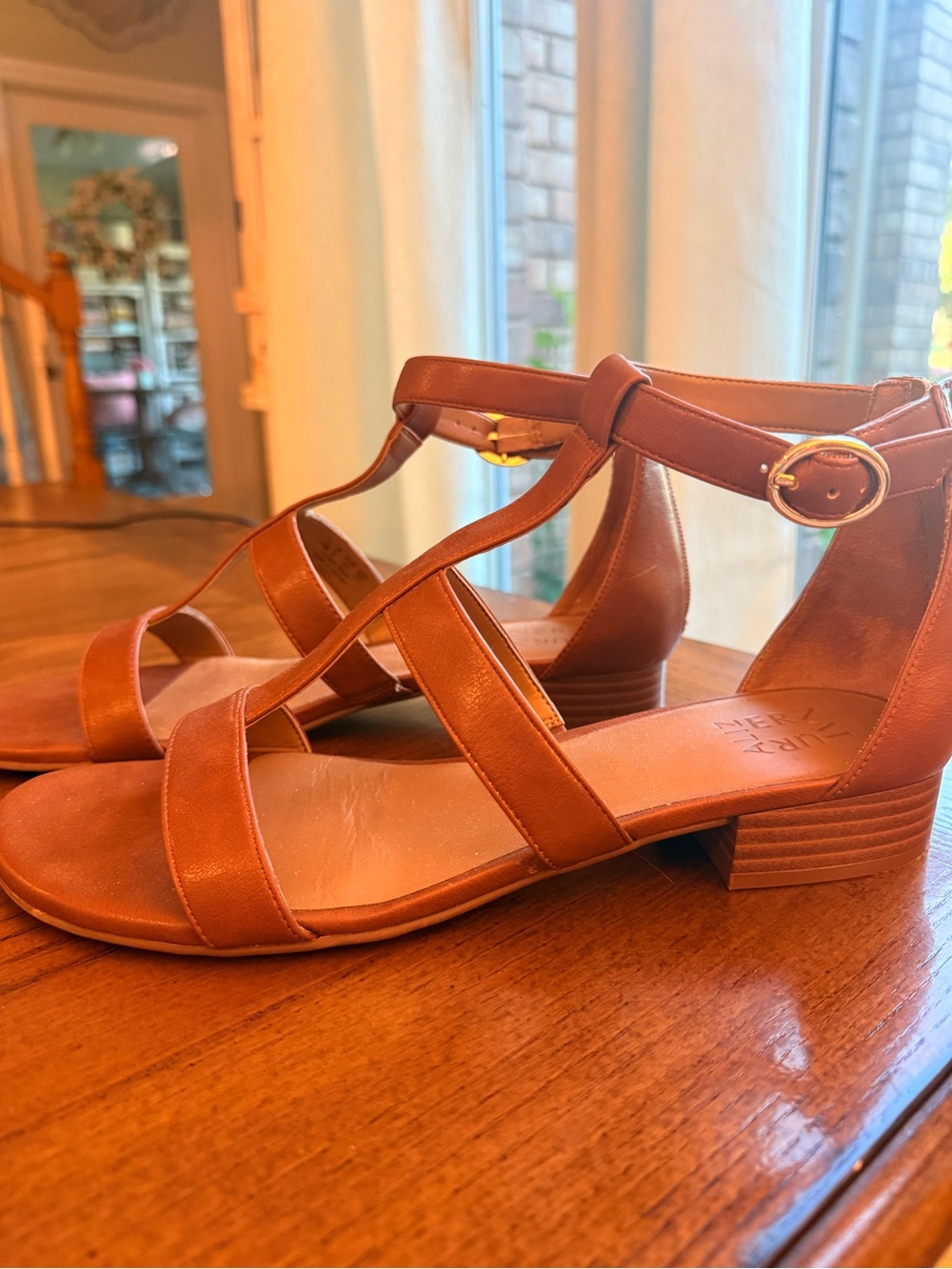 Naturalizer Cognac Leather Block Heel Sandals with Ankle Strap and zip up back.